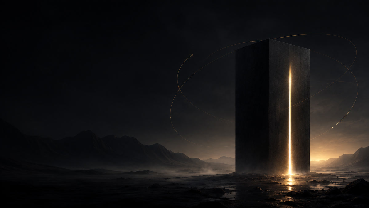 A monolith on a dark plain, split by a seam of light that pools on the wet ground, with gold orbits tracing around it