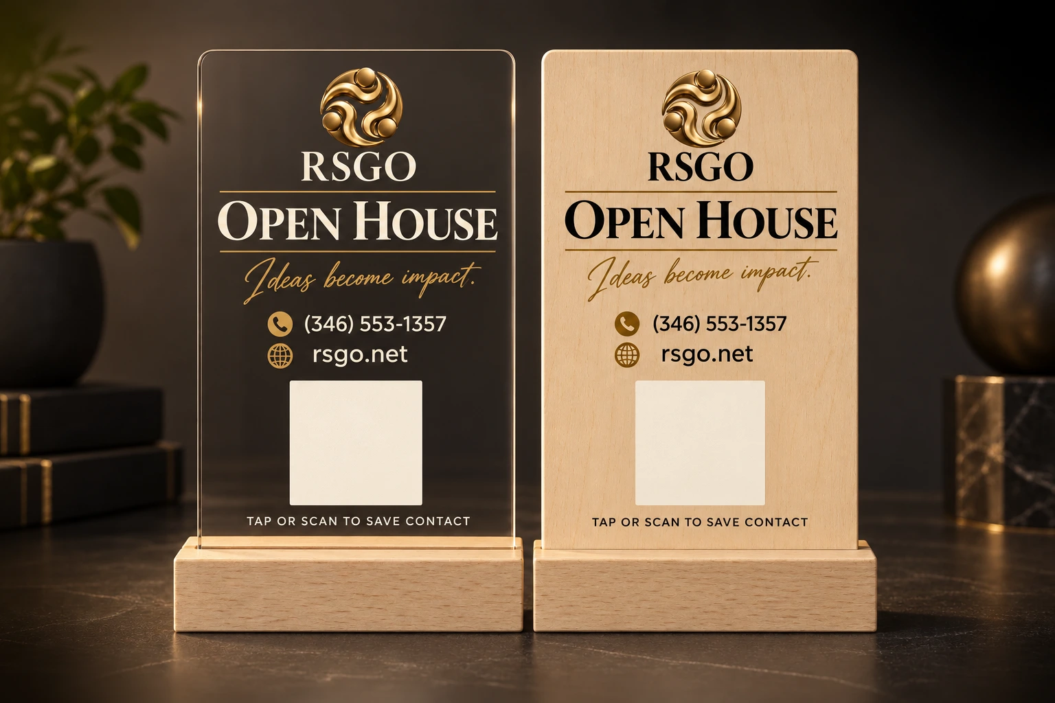 RSGO clear acrylic and wood open house table signs with contact QR codes