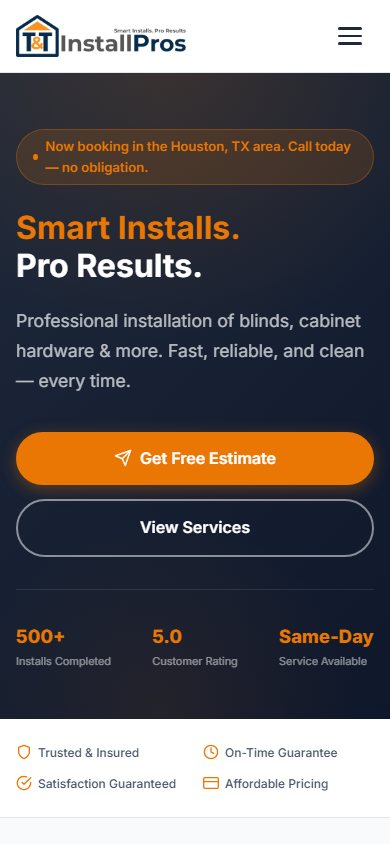 Mobile view of the T&T InstallPros website